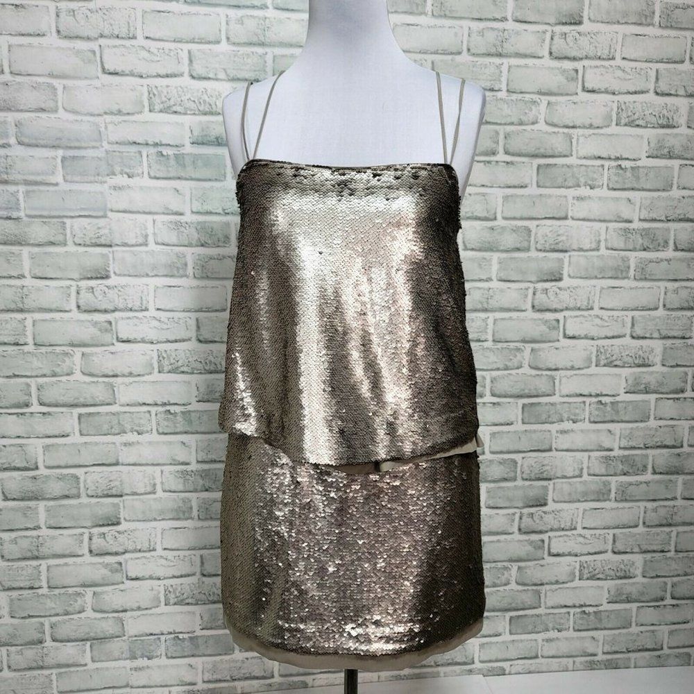 Banana Republic Womens Petite 12 Grey Sequin Tiered Cocktail Evening Dress‎